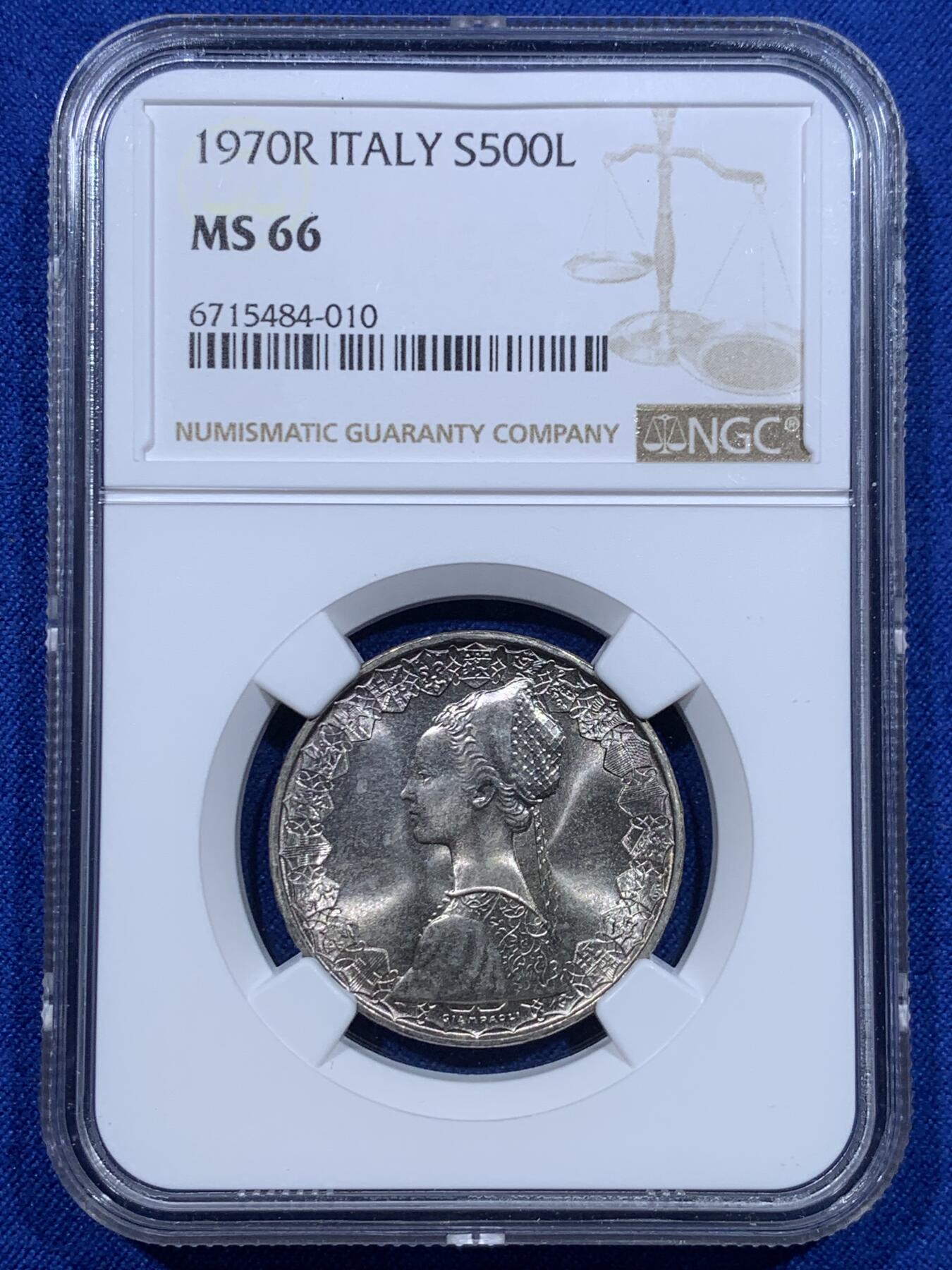 《竞宝斋》第276场- 周日，周一 2场连拍 （全场包邮） NGC MS66 意大利1970美女帆船500里拉银币 卷拆高分 紫罗兰包浆