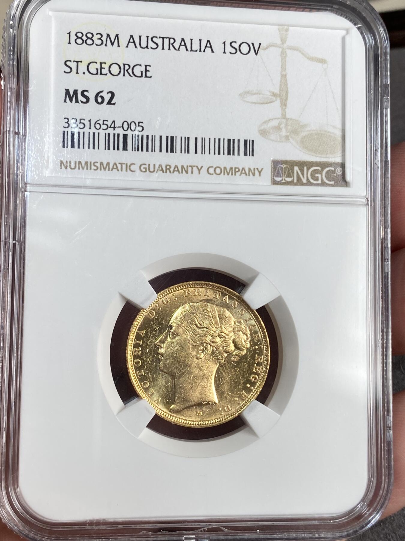 【麦稀奇世界钱币展】万国钱币拍卖第027期（五月端阳●万国夏季大拍） NGC MS62 1883M英属澳大利亚圣乔治屠龙索维林金币 全原光状态 7.99g 900金