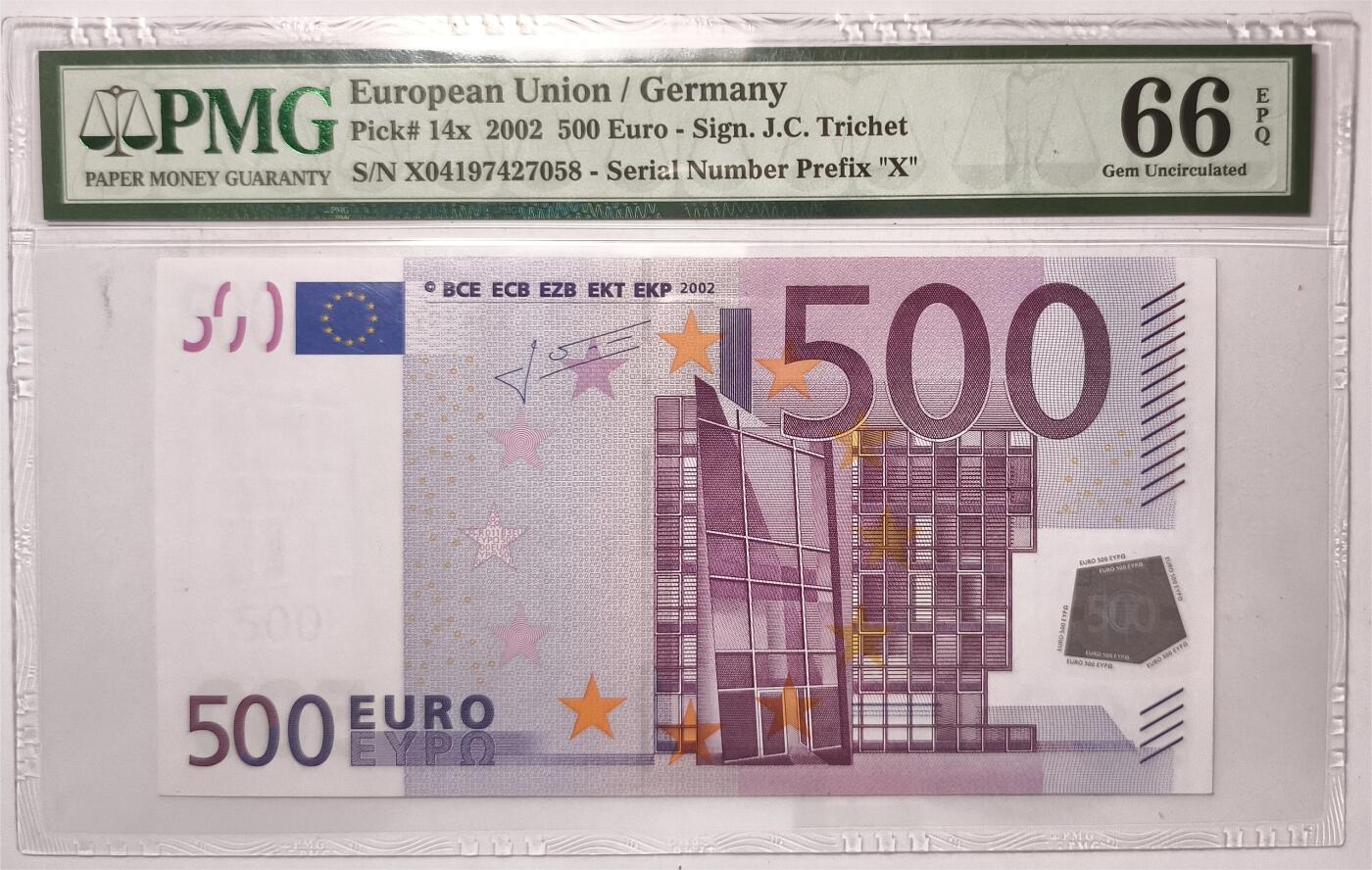 紫瑗钱币——第361期拍卖——纸币场 【PMG 66EPQ】德国  2002年 大桥 500欧元 三签  (P-14x)