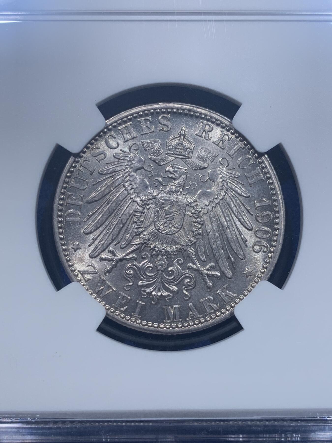 《竞宝斋》第276场- 周日，周一 2场连拍 （全场包邮） NGC MS62 德国1906年巴登金婚2马克银币 原味包浆