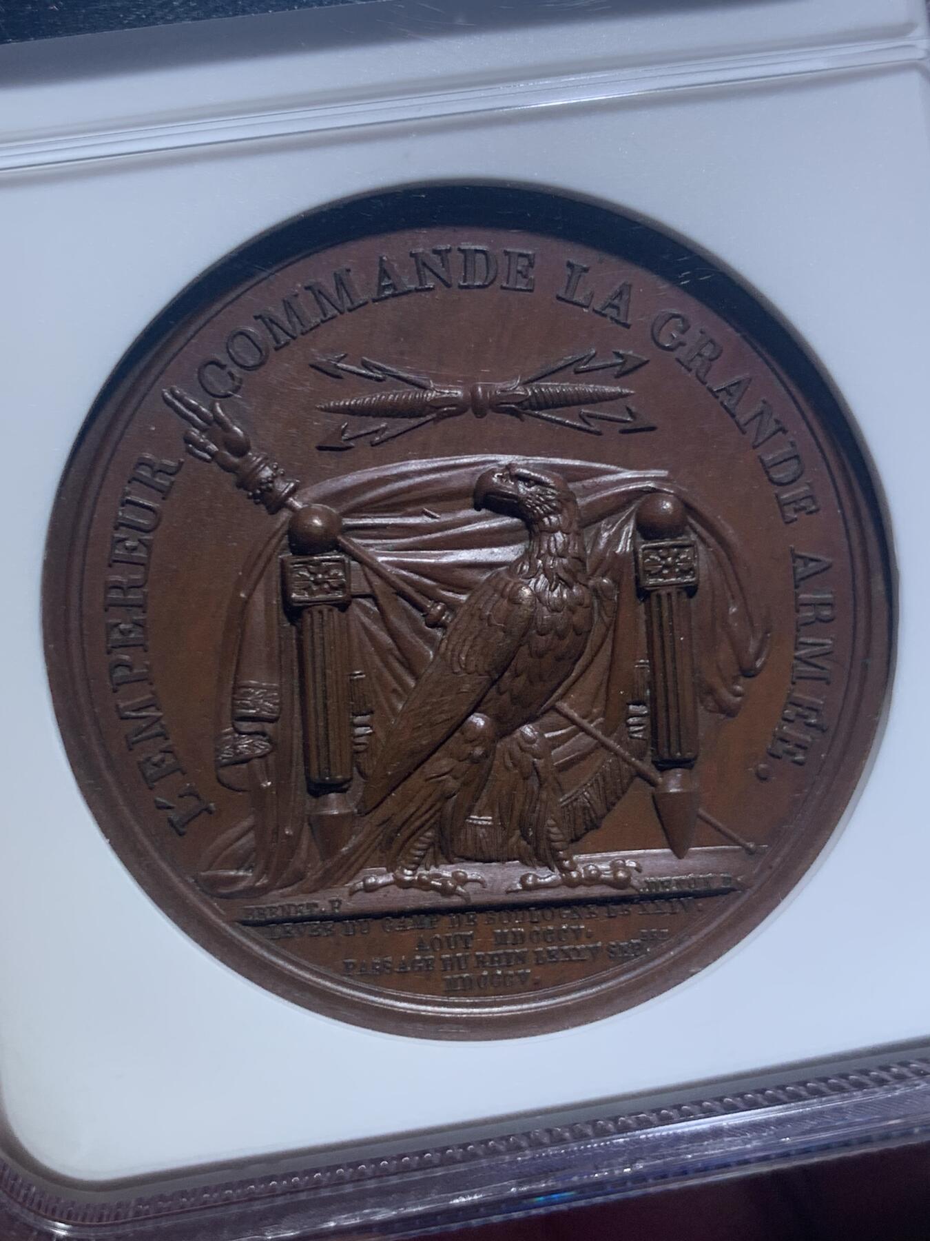 《竞宝斋》第276场- 周日，周一 2场连拍 （全场包邮） NGC MS64BN 法国1805年拿破仑穿越莱茵河纪念铜章 加厚盒子