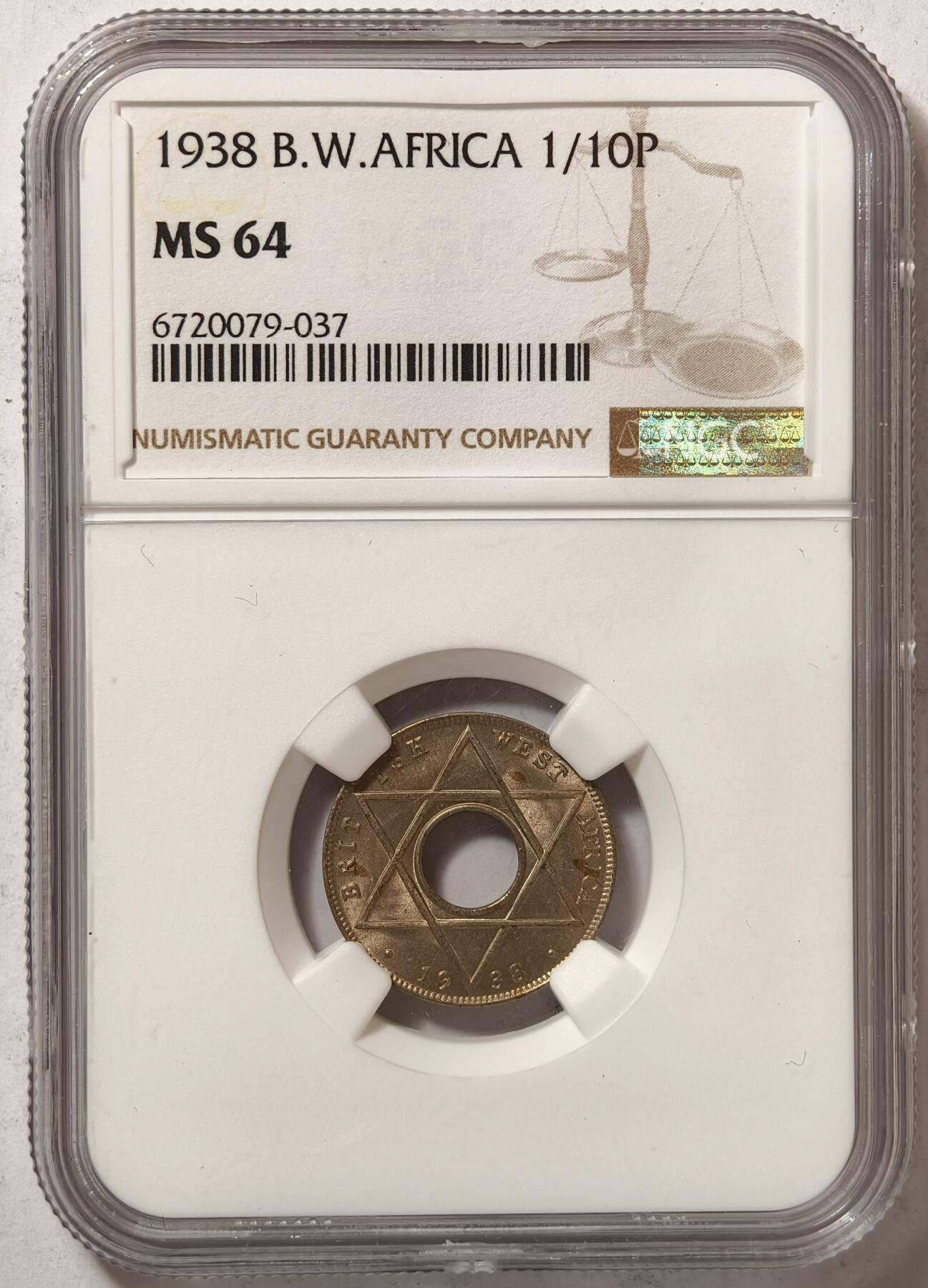 紫瑗钱币——第362期拍卖 英属西非 1938年 乔治六世 1/10便士 白铜币 NGC MS64