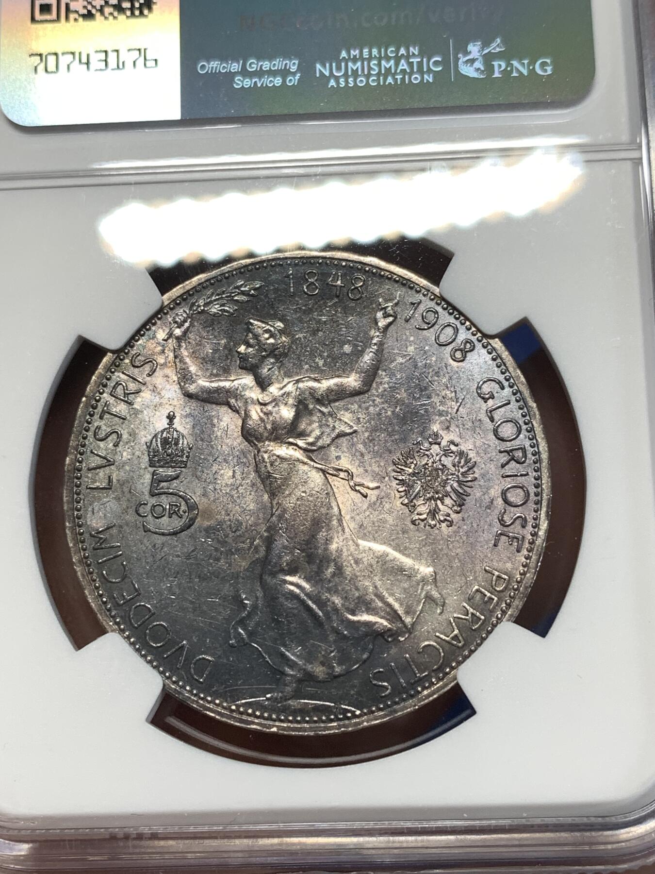 《竞宝斋》第276场- 周日，周一 2场连拍 （全场包邮） NGC MS61 奥地利1908年约瑟夫加冕60周年纪念5克朗银币 黑紫色包浆 转光感不错 严评