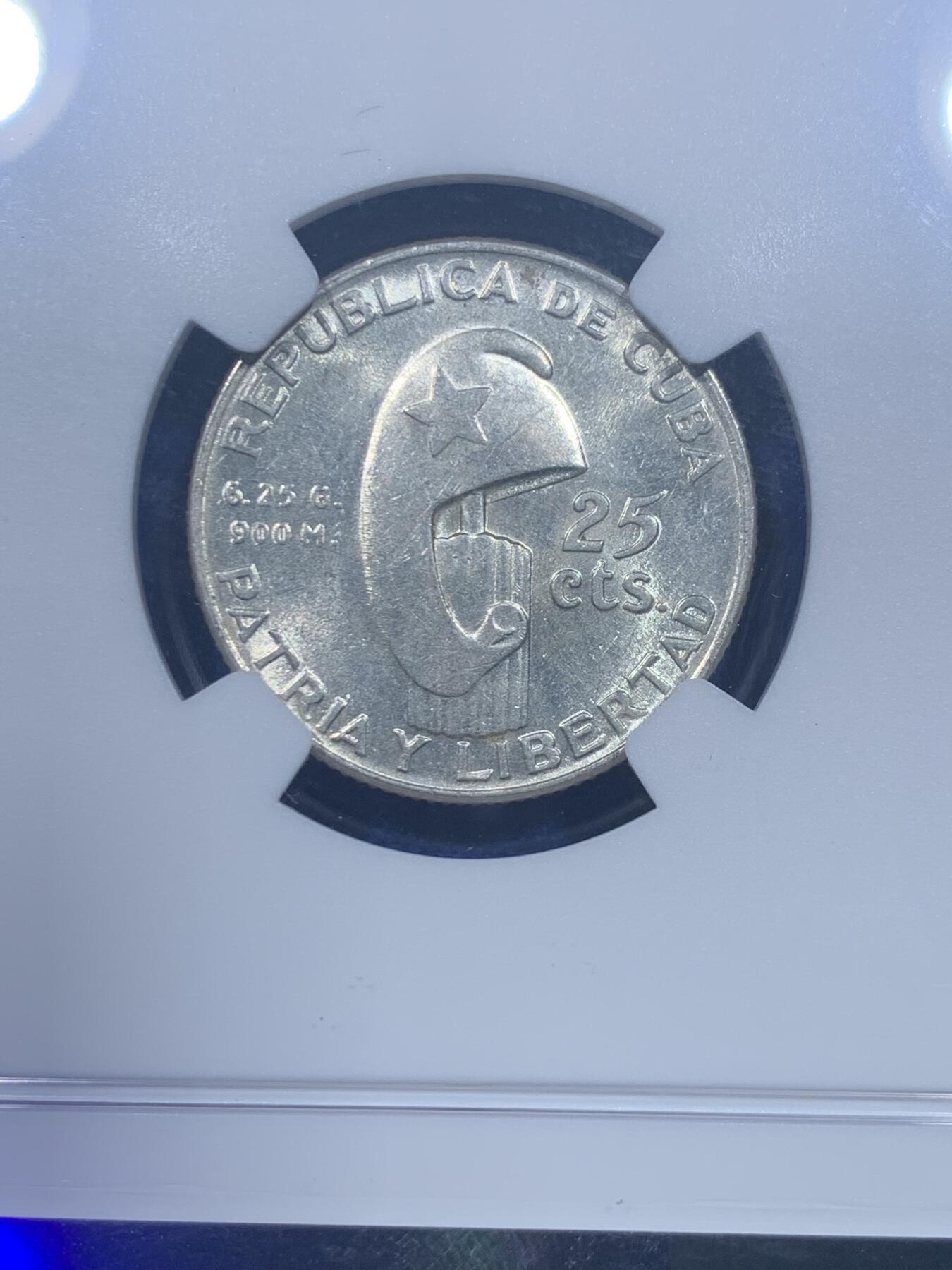 《竞宝斋》第276场- 周日，周一 2场连拍 （全场包邮） NGC MS62 古巴1953年何塞马丁百年纪念25分银币