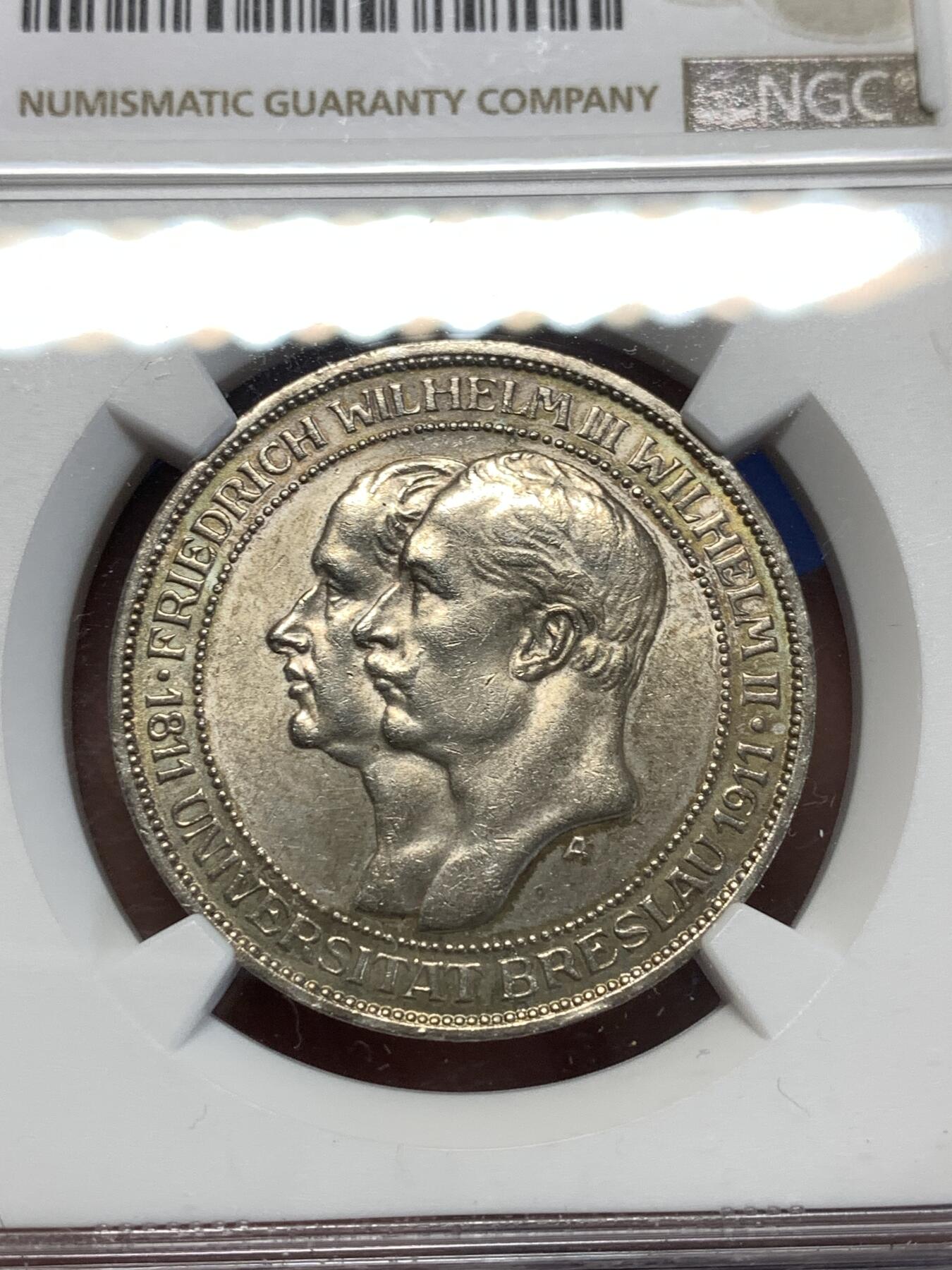 《竞宝斋》第276场- 周日，周一 2场连拍 （全场包邮） NGC MS62 德国1911年普鲁士布雷斯劳大学3马克银币