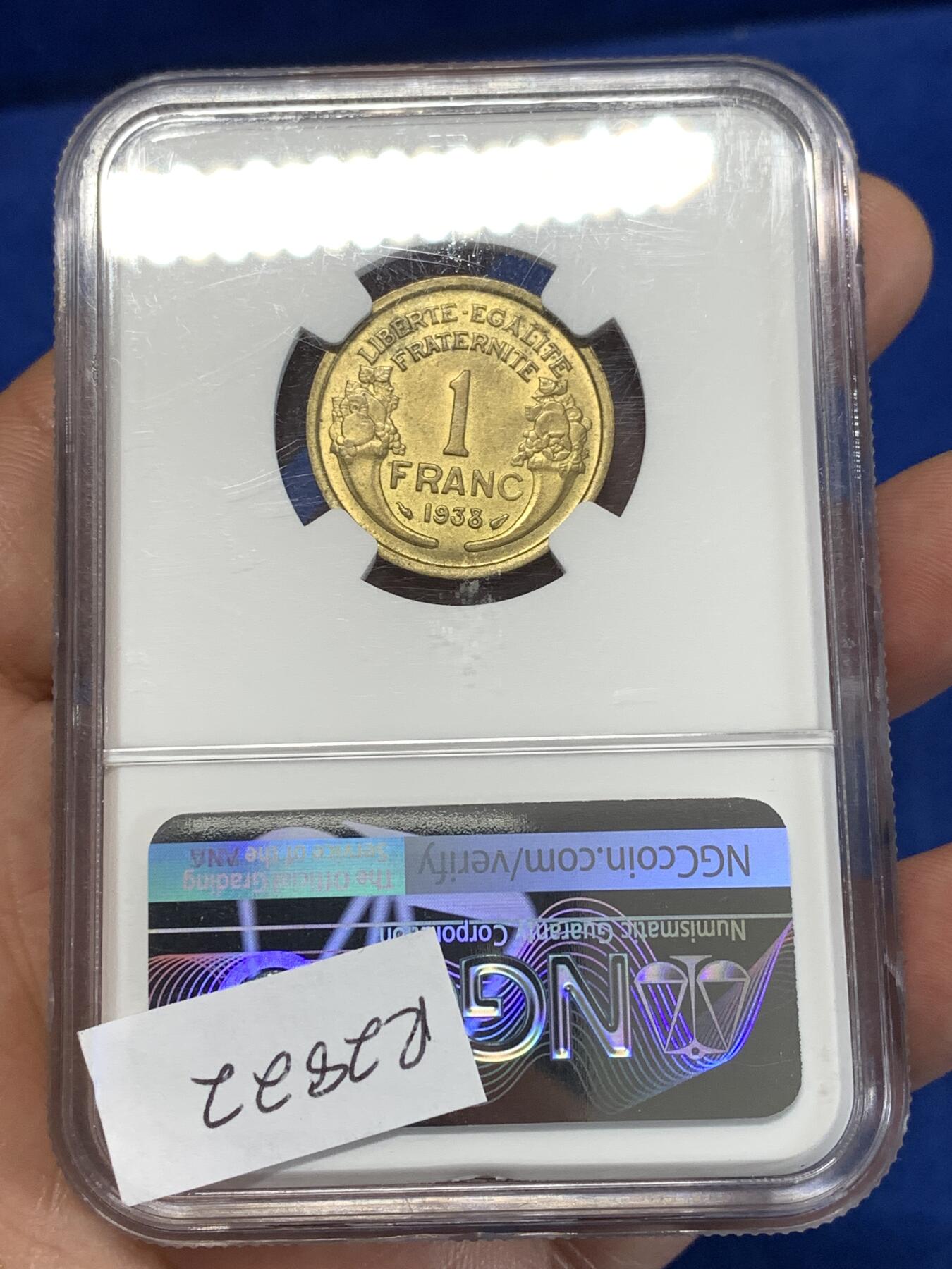 《竞宝斋》第276场- 周日，周一 2场连拍 （全场包邮） NGC MS64 法国1938年女神头像1法郎铜币 好分好品！