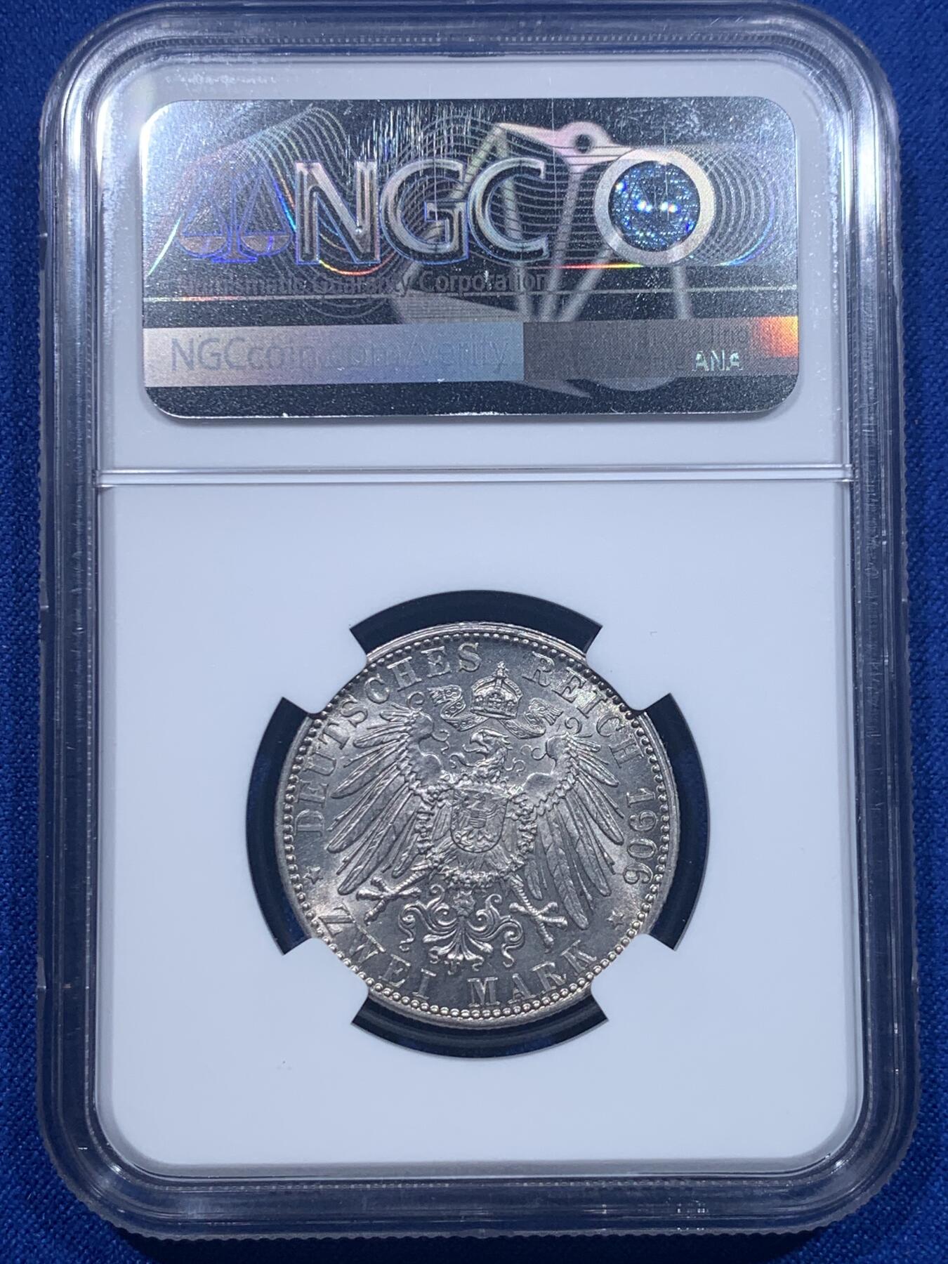 《竞宝斋》第276场- 周日，周一 2场连拍 （全场包邮） NGC MS62 德国1906年巴登金婚2马克银币 原味包浆