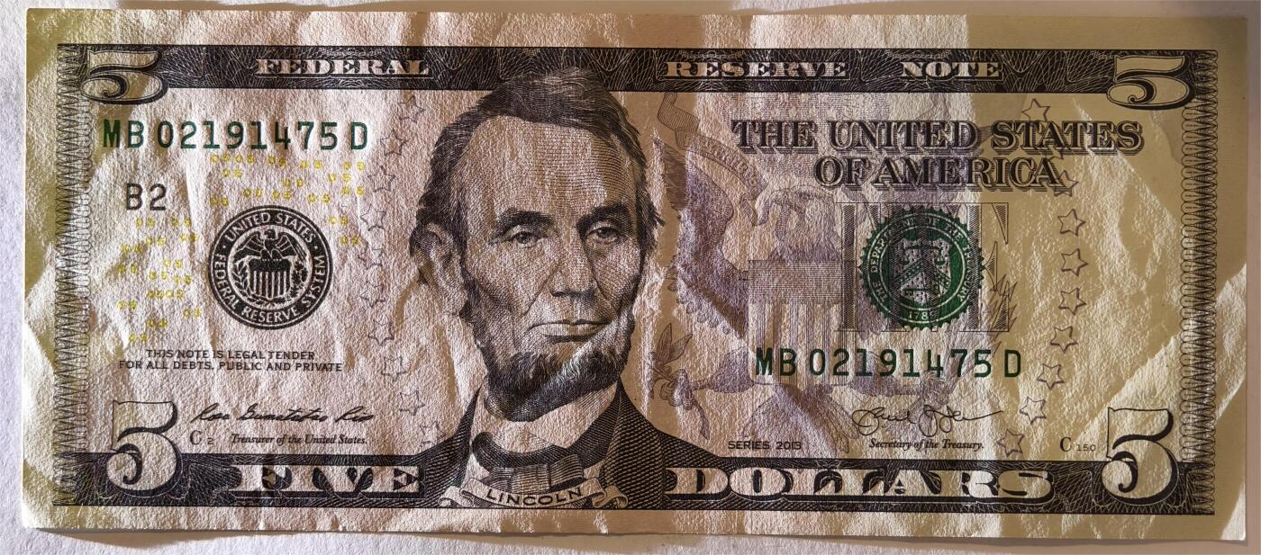 紫瑗钱币——第361期拍卖——纸币场 美国 2013年 B版 无序列 亚伯拉罕·林肯 5美元 彩色版 AU