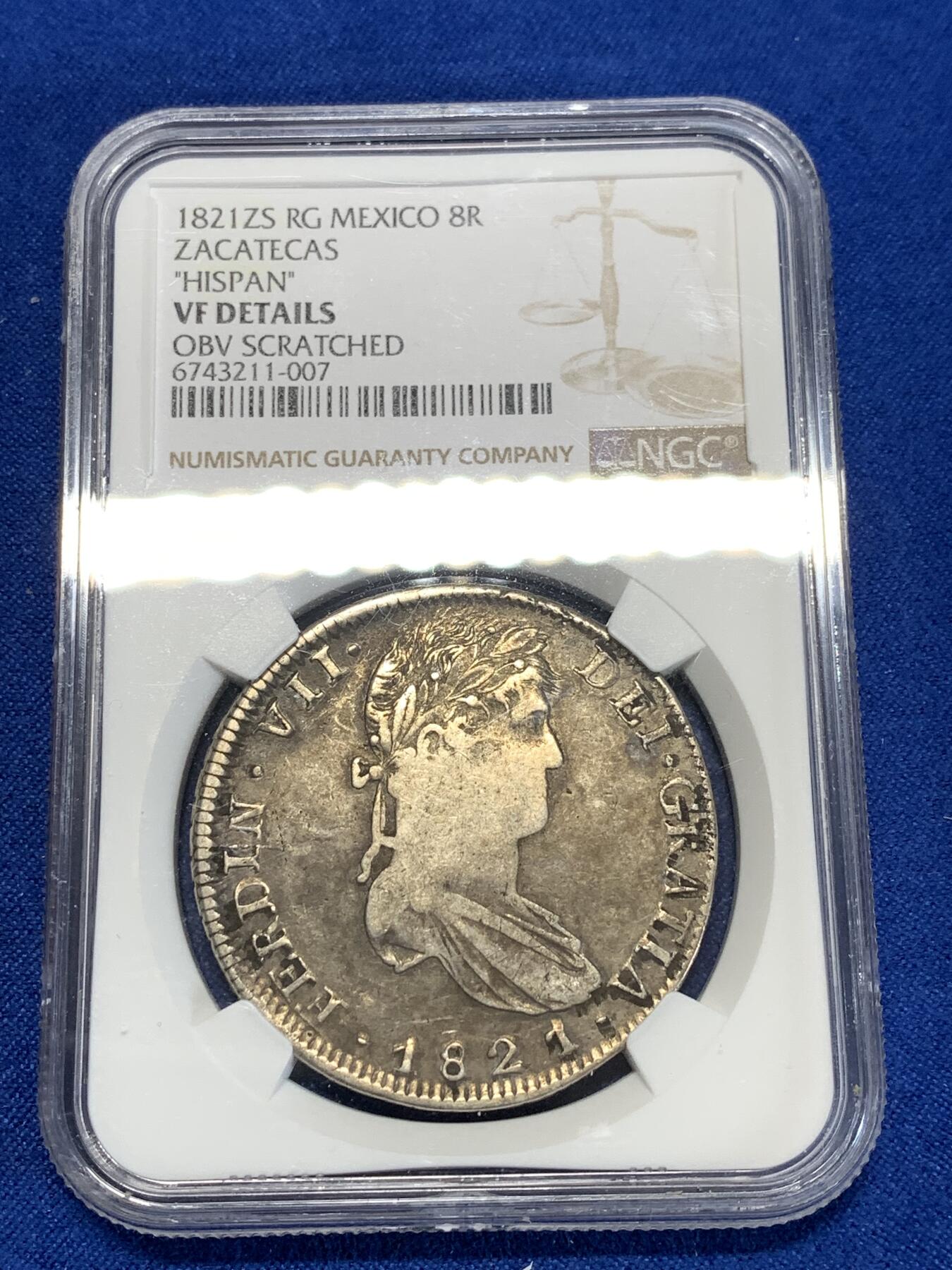 《竞宝斋》第276场- 周日，周一 2场连拍 （全场包邮） NGC VFD 墨西哥 1821年 费迪南七世 8R 内战版双柱大银币 版别少见