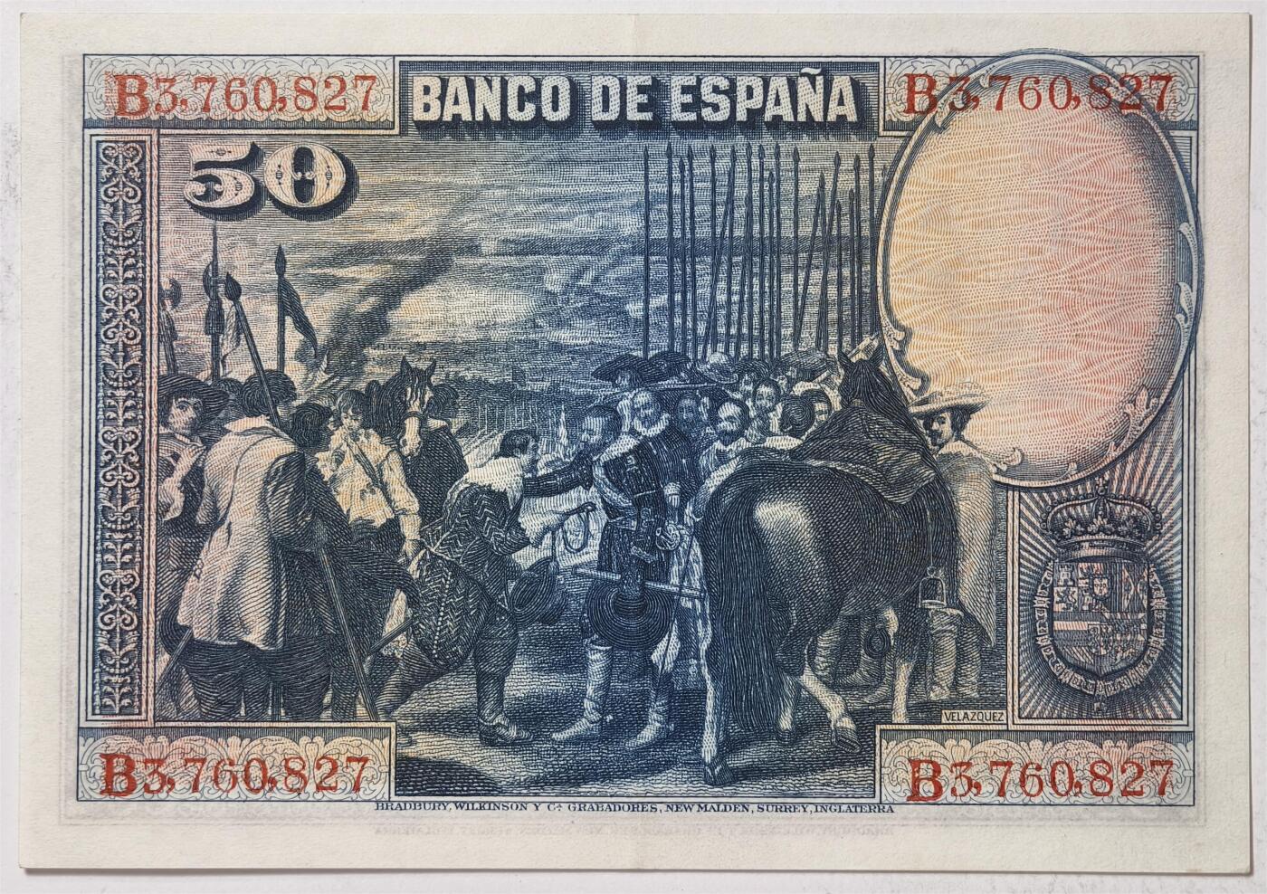 紫瑗钱币——第361期拍卖——纸币场 西班牙 1928年 油画《布雷达的献城》50比塞塔 UNC-有折