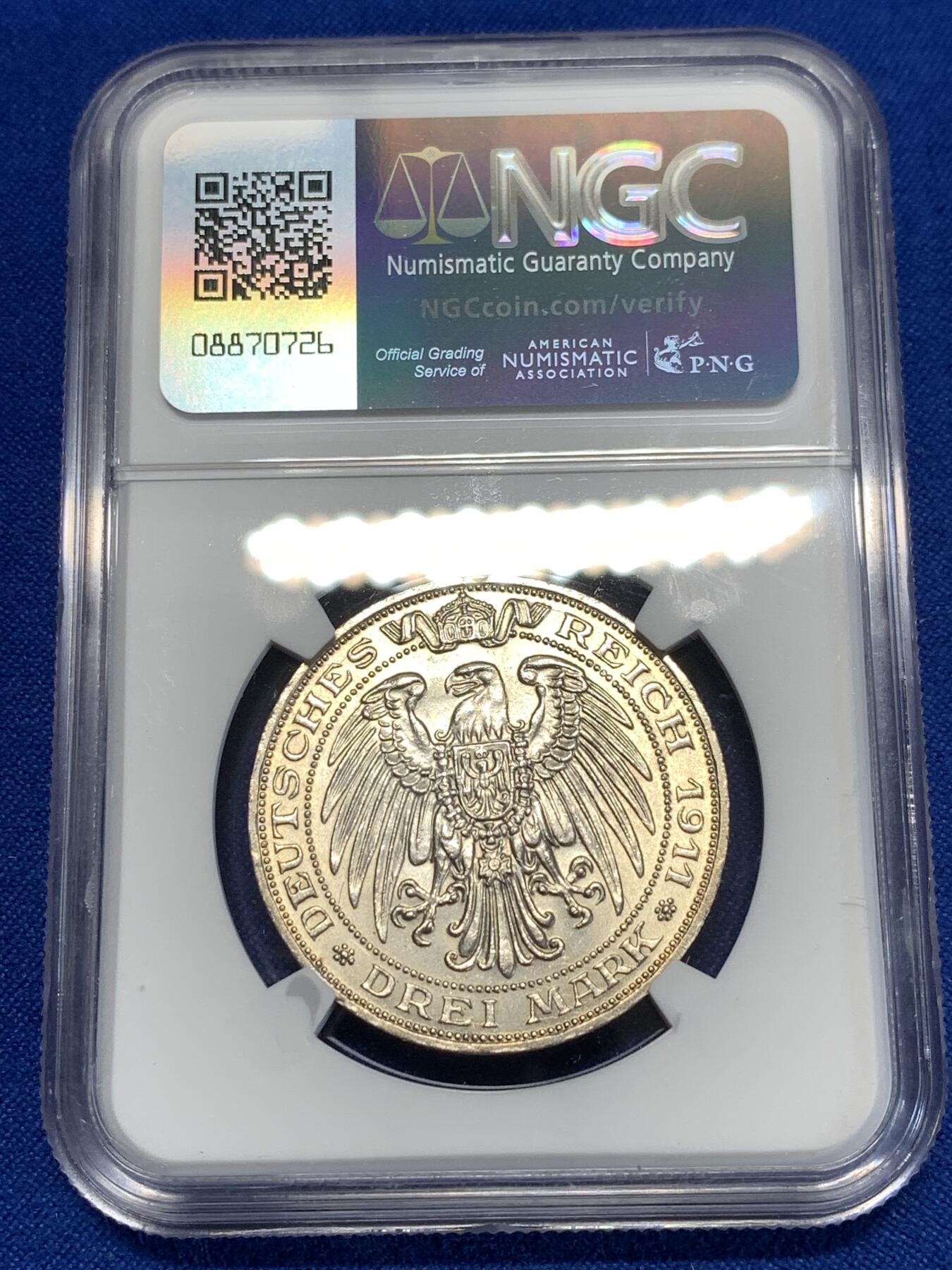 《竞宝斋》第276场- 周日，周一 2场连拍 （全场包邮） NGC MS62 德国1911年普鲁士布雷斯劳大学3马克银币