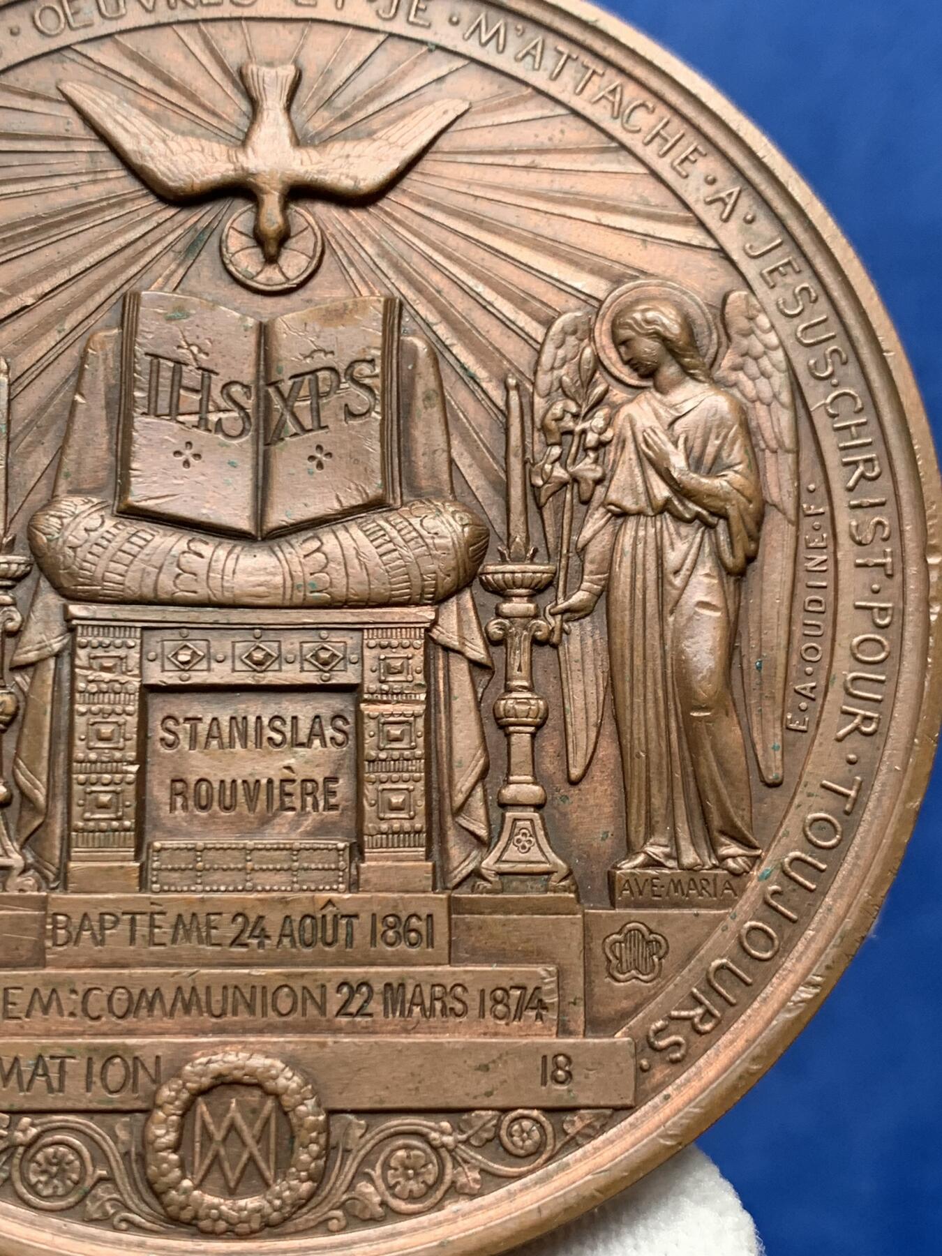 《竞宝斋》第276场- 周日，周一 2场连拍 （全场包邮） 法国1874年洗礼铜章 160.5g 69.5mm 铜标边铭