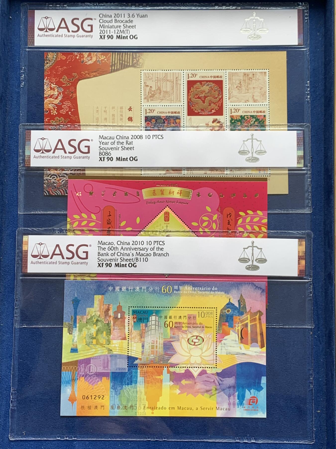 《竞宝斋》第276场- 周日，周一 2场连拍 （全场包邮） 3张一组 ASG XF90Mint OG 邮票 2008年+2010年澳门10元+2011年3.6元