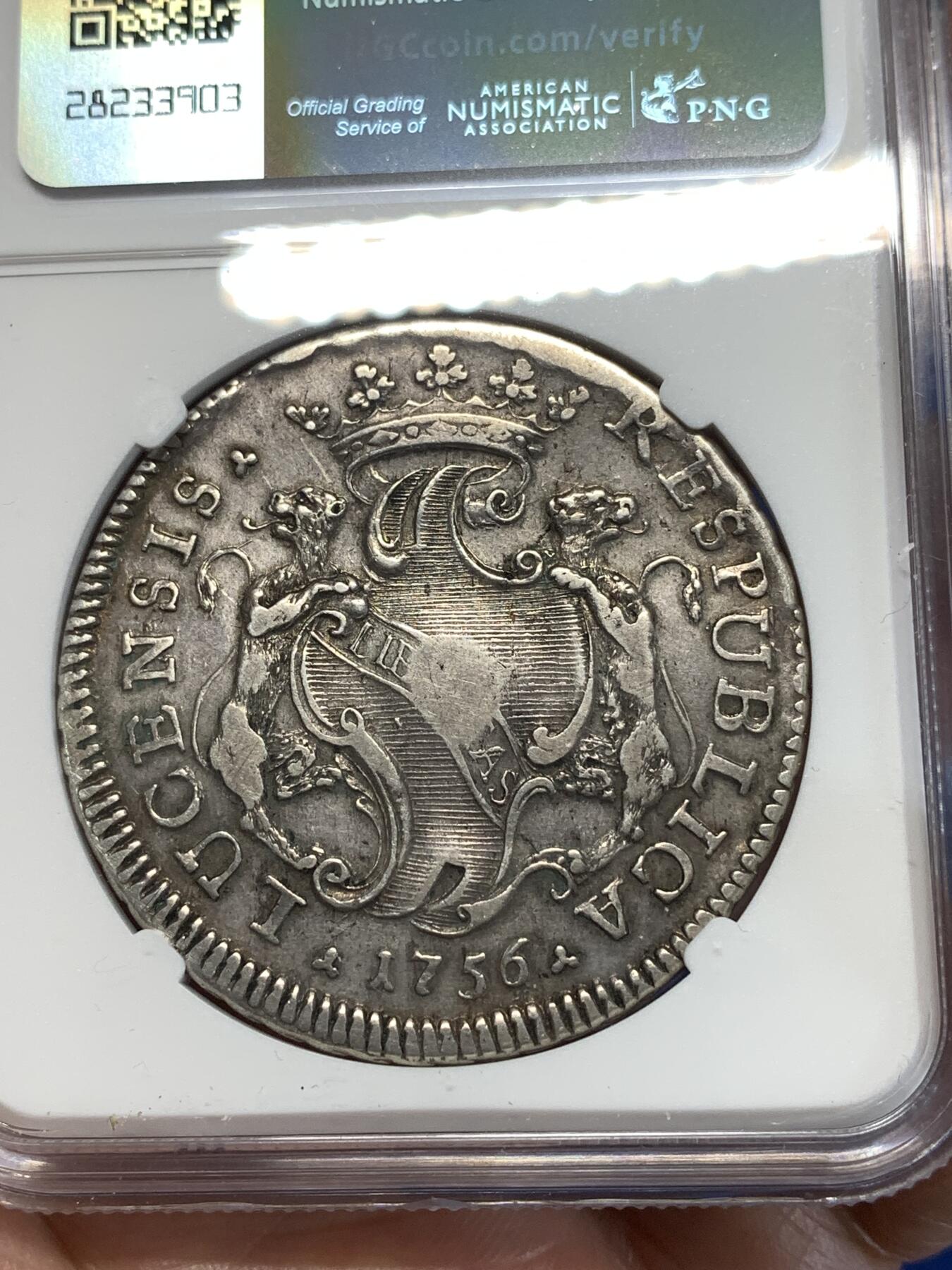 《竞宝斋》第276场- 周日，周一 2场连拍 （全场包邮） NGC XFD 意大利卢卡1756年持剑骑士圣马丁1斯库多大银币 非常稀少的品种