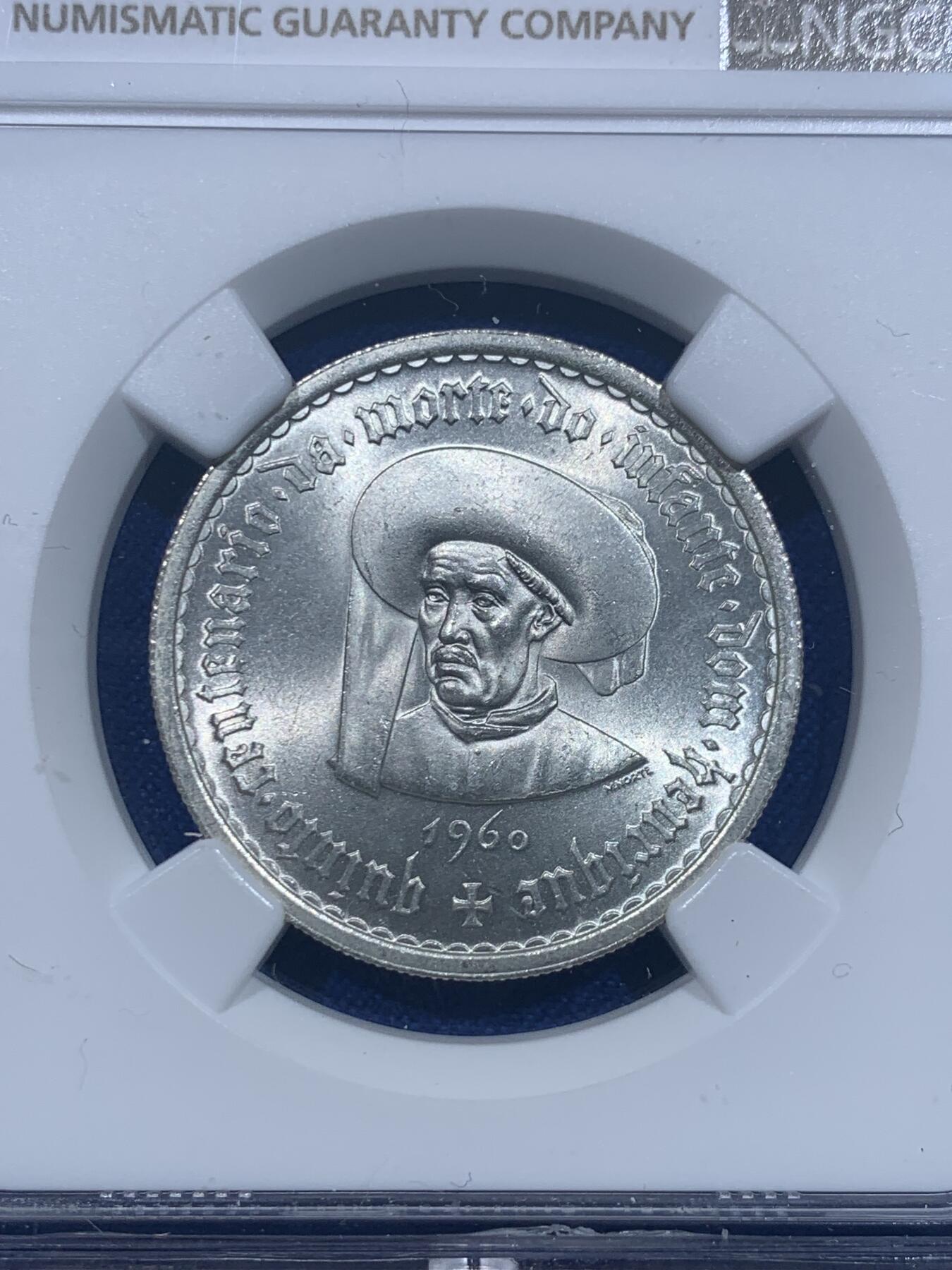 《竞宝斋》第276场- 周日，周一 2场连拍 （全场包邮） NGC MS65 葡萄牙1960年亨利王子500周年10埃斯库多银币