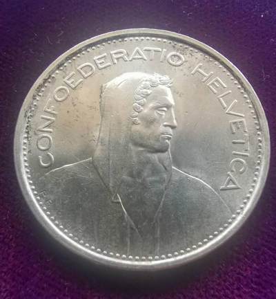 世界经典钱币第一期 - 【UNC】瑞士1966年5法郎银币 15克 835银