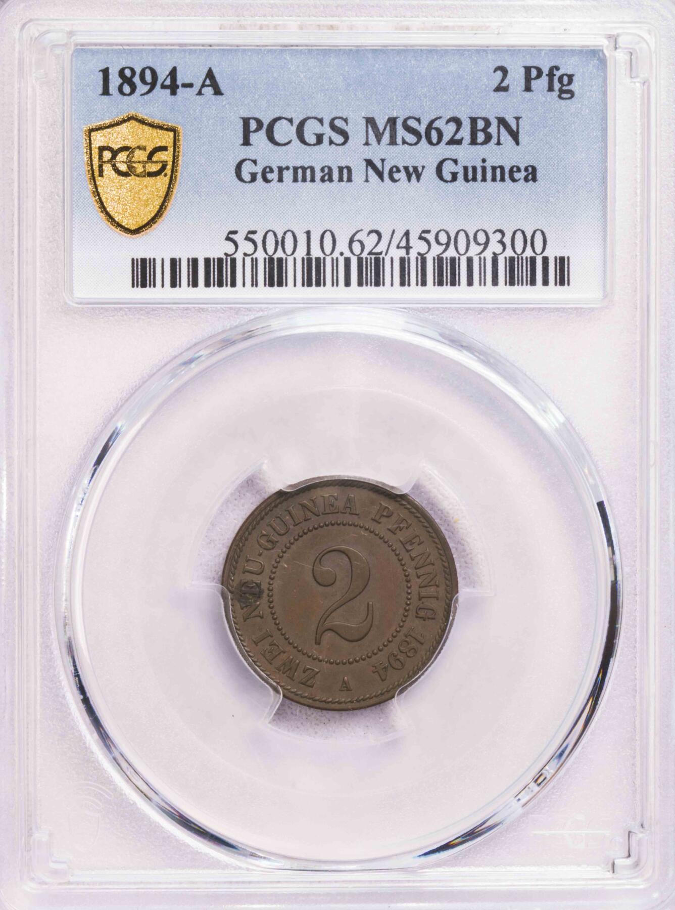 PCGS-MS62BN/AU58 1894德属几内亚铜币一对 原味好品