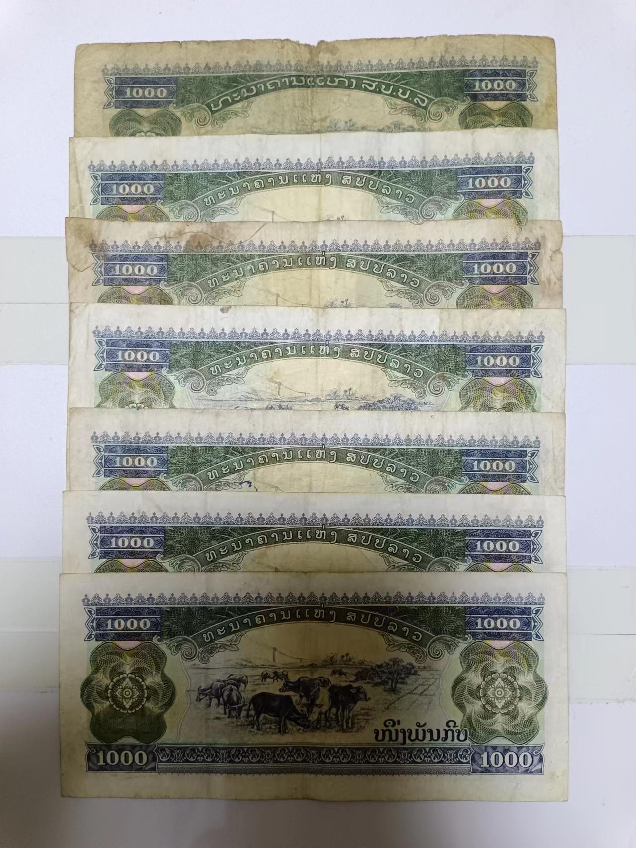 【20240610】非全新纸币第142场 老挝1000基普7张纸币，有裂缝