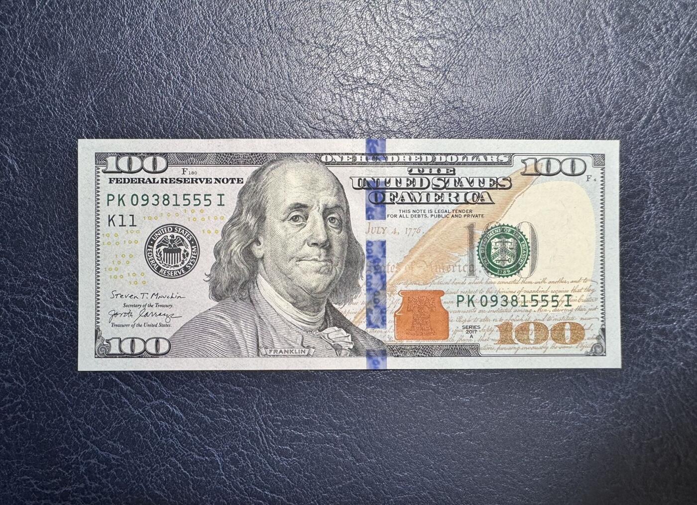 收藏联盟Quantum Auction 第351期拍卖  美国联邦2017年100美元豹子号555 品相UNC 号码无47