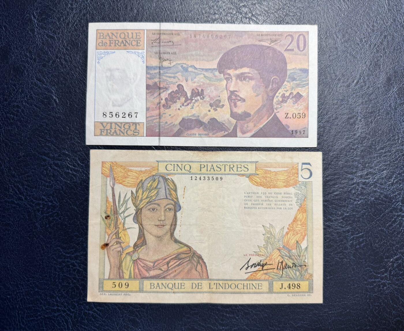 收藏联盟Quantum Auction 第351期拍卖  法国1997年20法郎和汇理银行5皮阿斯特 非全新 品相如图