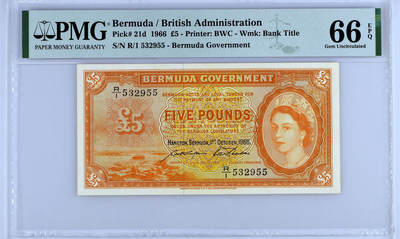 【Blue Auction】✨世界纸币精拍第487期【精】 - 【亚军分 仅2张更高分非常罕见 无47】百慕大 1966年5镑高值 BWC出品 大冠女王 PMG66EPQ 赏心悦目的一张，亮橘色墨水，中央五彩团花，左下角海边风情。纸质亮丽，背面呈现深橙和绿色的复杂设计，深邃压花效果出众。市面上该分数少见，机会难得，资深女王藏家凑套必备藏品。       