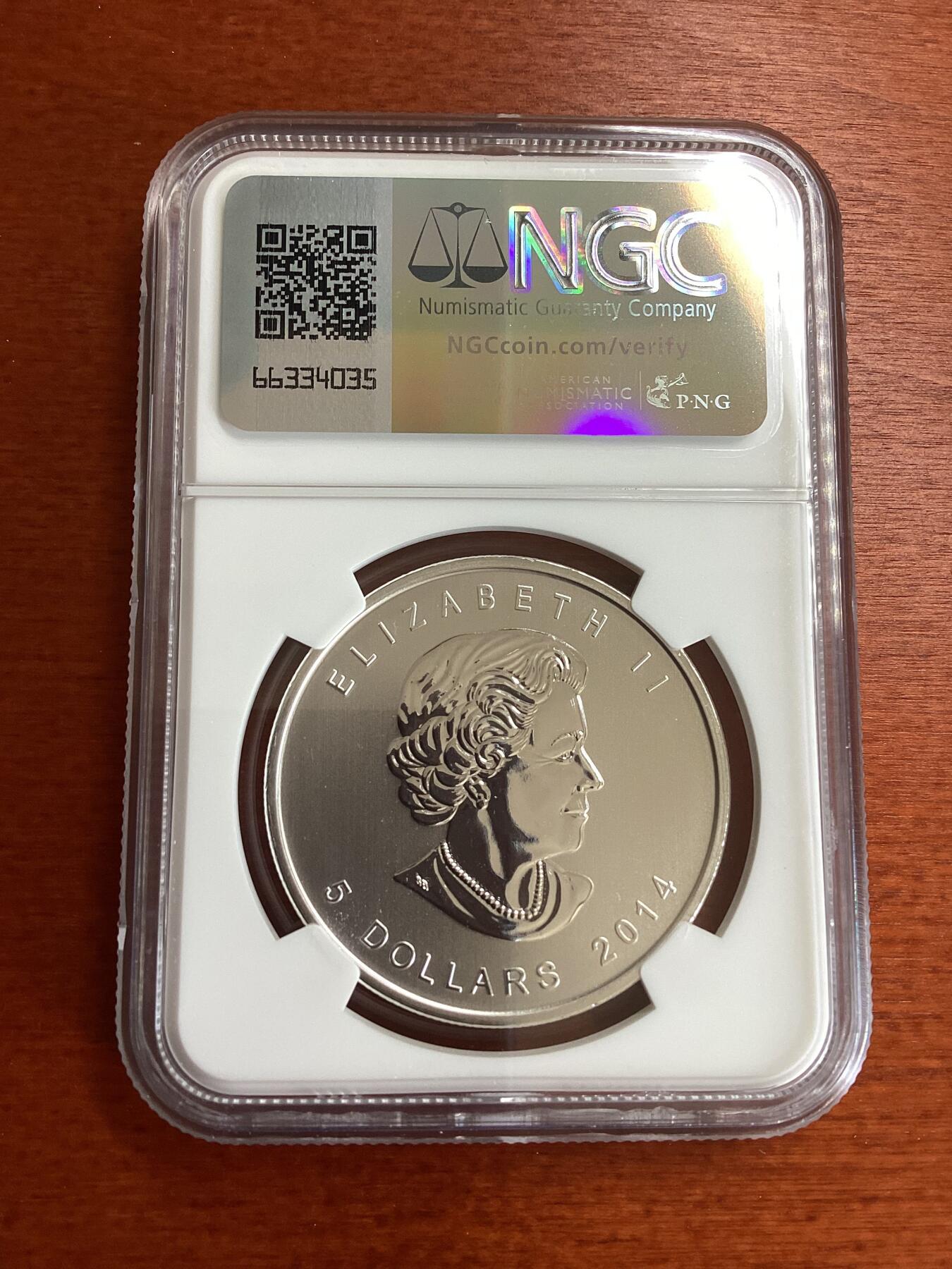 长老汇龙年精选第五场儿童节-端午节双节拍卖 2014 加拿大秃鹰5加元银币，NGC MS69分