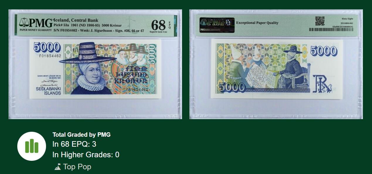 《张总收藏》153期-外币名誉品超精品场 冰岛1961年罕见初版F首发冠5000克朗PMG68E冠军分全球仅3张，稀缺品 冰岛胖阿姨 BWC经典作品