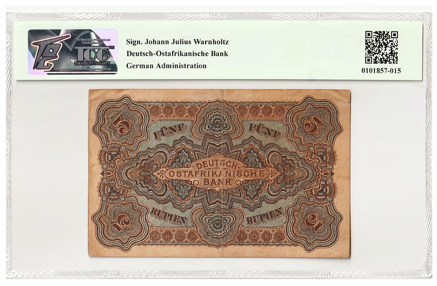 收藏联盟Quantum Auction 第351期拍卖  德属东非1905年5卢比 TQG20 原票无裂非常难得 珍稀品种 该殖民地发行的第一张纸币 G&D早期作品 两头雄狮立于中央 毛发细腻 威风凛凛 象征了帝国的统治力量