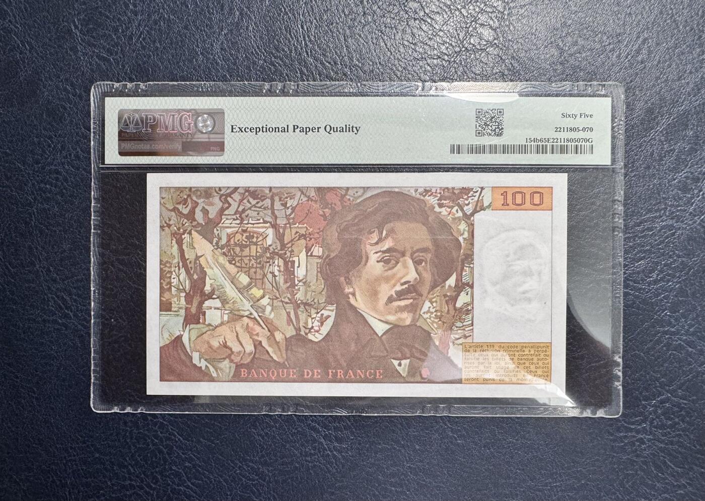 收藏联盟Quantum Auction 第351期拍卖  法国1985年100法郎 PMG65 号码无347 德拉克洛瓦