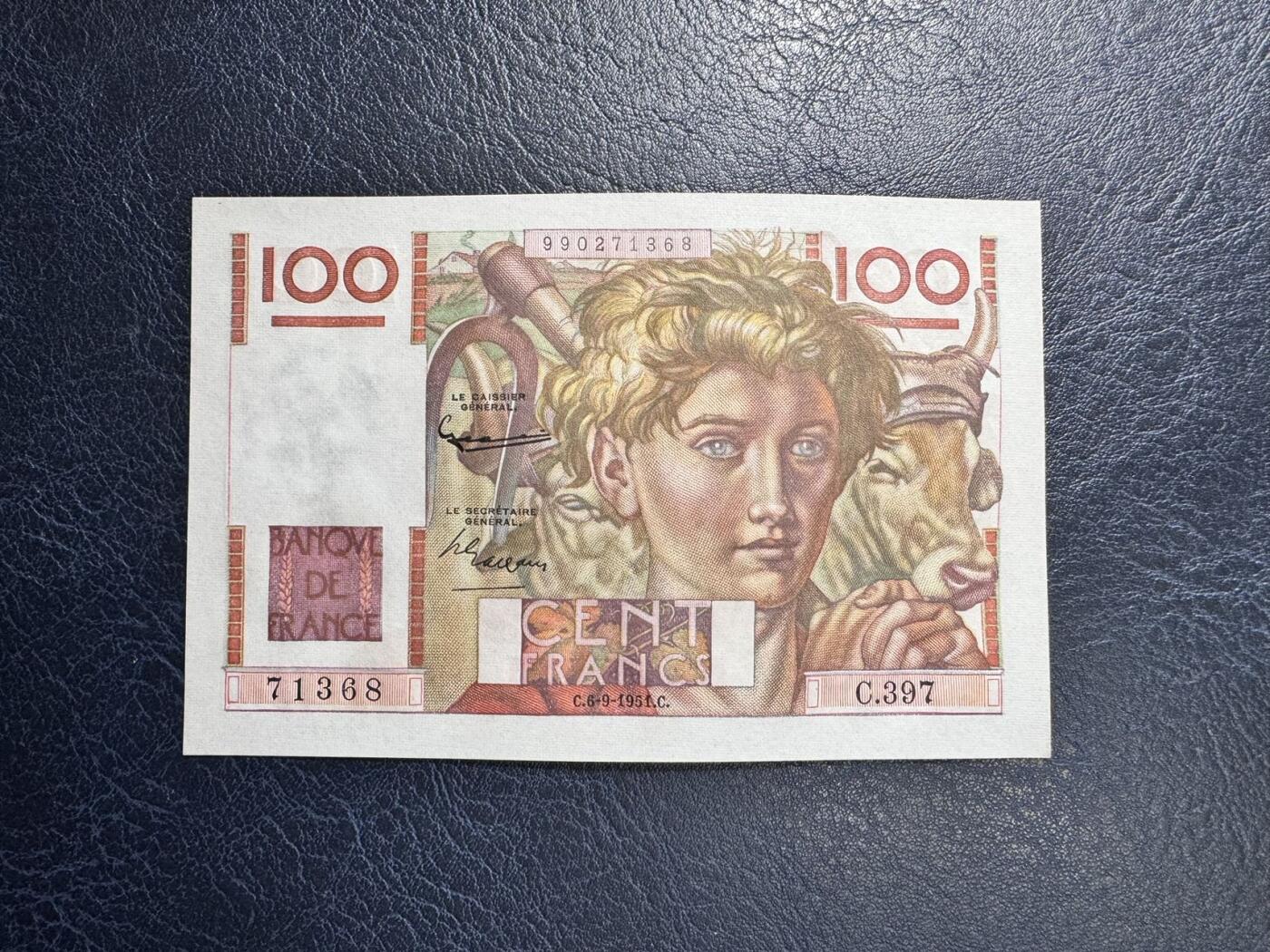 收藏联盟Quantum Auction 第351期拍卖  法国1951年100法郎 品相UNC- 无针孔