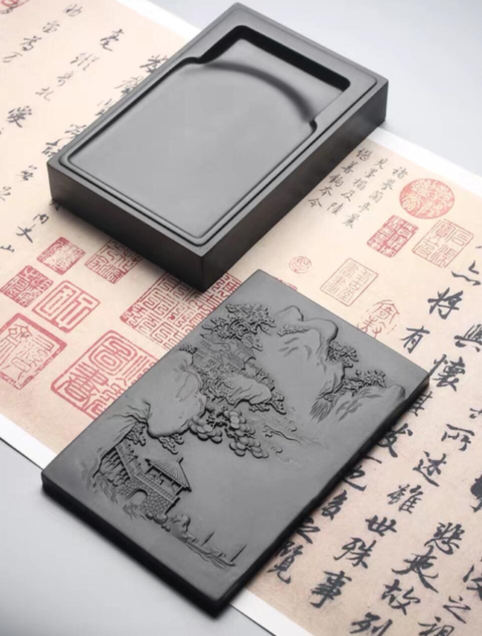 《山亭诗话》天然黑龙尾原石歙砚门字砚带精美风景雕刻盖文房四宝书法专用