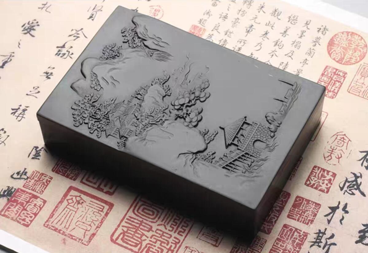 《山亭诗话》天然黑龙尾原石歙砚门字砚带精美风景雕刻盖文房四宝书法专用