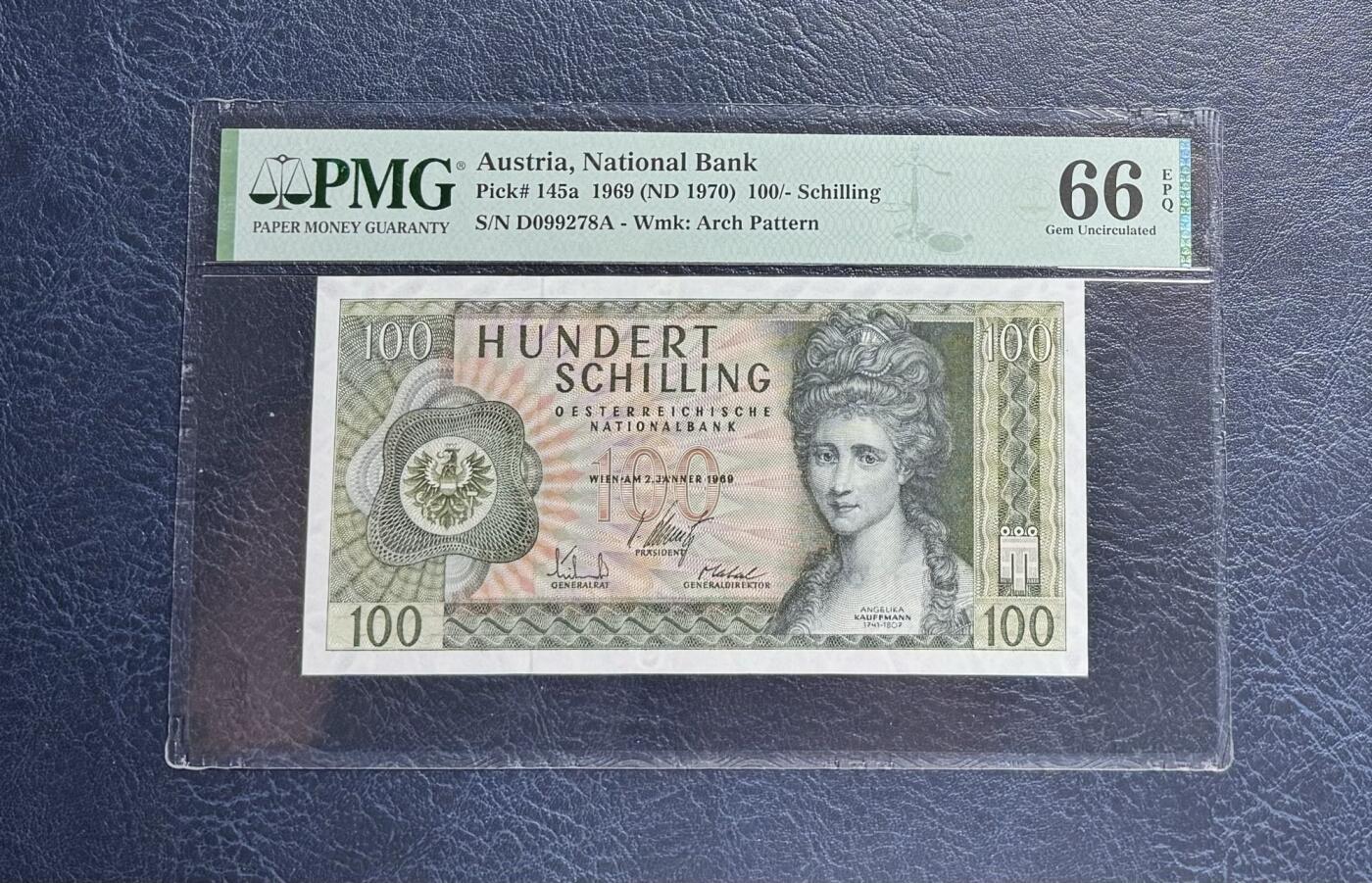 收藏联盟Quantum Auction 第351期拍卖  奥地利1969 (ND 1970)年100先令 PMG66 画家考夫曼 号码无4