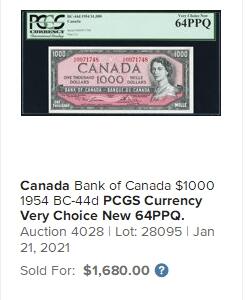 【Blue Auction】✨世界纸币精拍第486期【精】 加拿大 1954年1000元 最高值 早期女王 升值潜力巨大 四角尖尖状态佳  背面风景唯美 PCGS66EPQ 绿标 