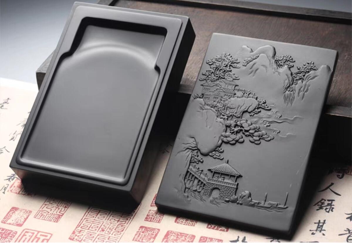《山亭诗话》天然黑龙尾原石歙砚门字砚带精美风景雕刻盖文房四宝书法专用