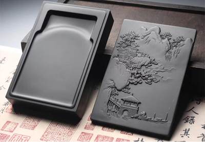 《山亭诗话》天然黑龙尾原石歙砚门字砚带精美风景雕刻盖文房四宝书法专用 - 《山亭诗话》天然黑龙尾原石歙砚门字砚带精美风景雕刻盖文房四宝书法专用