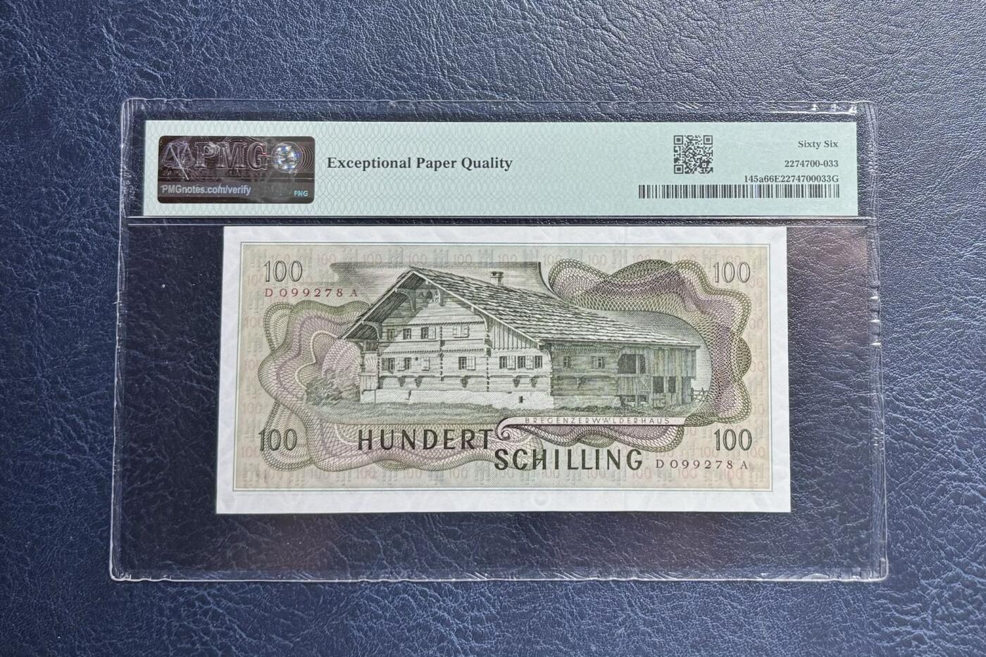 收藏联盟Quantum Auction 第351期拍卖  奥地利1969 (ND 1970)年100先令 PMG66 画家考夫曼 号码无4
