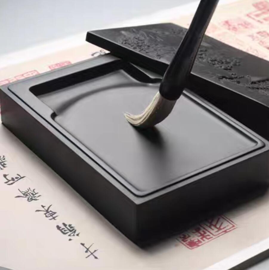 《山亭诗话》天然黑龙尾原石歙砚门字砚带精美风景雕刻盖文房四宝书法专用