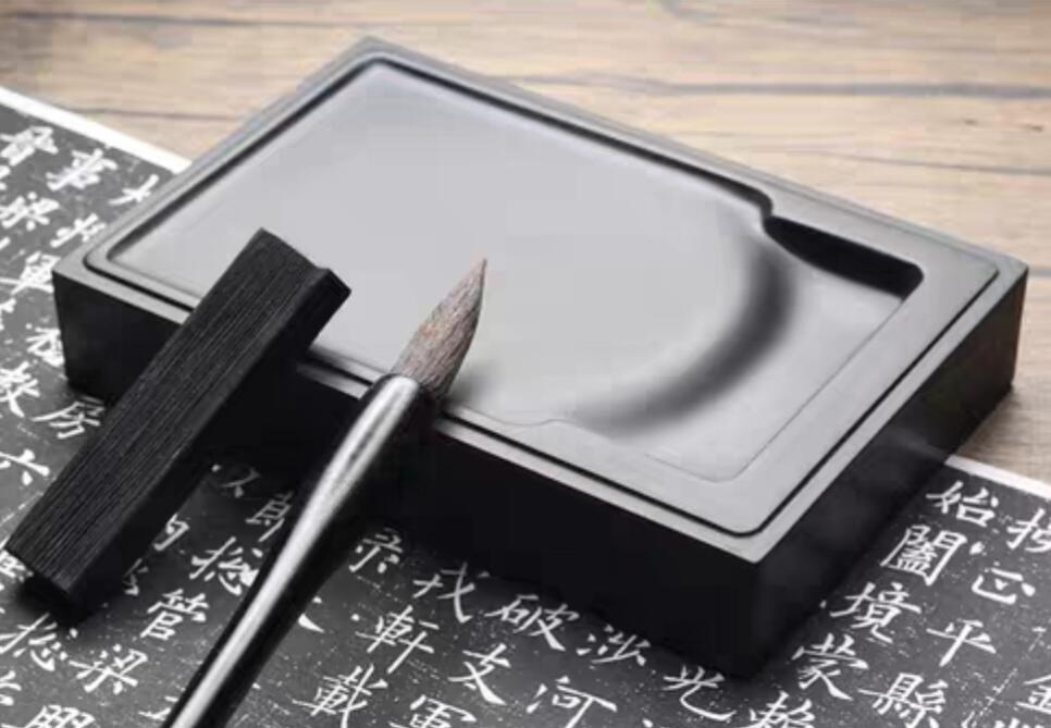 《山亭诗话》天然黑龙尾原石歙砚门字砚带精美风景雕刻盖文房四宝书法专用