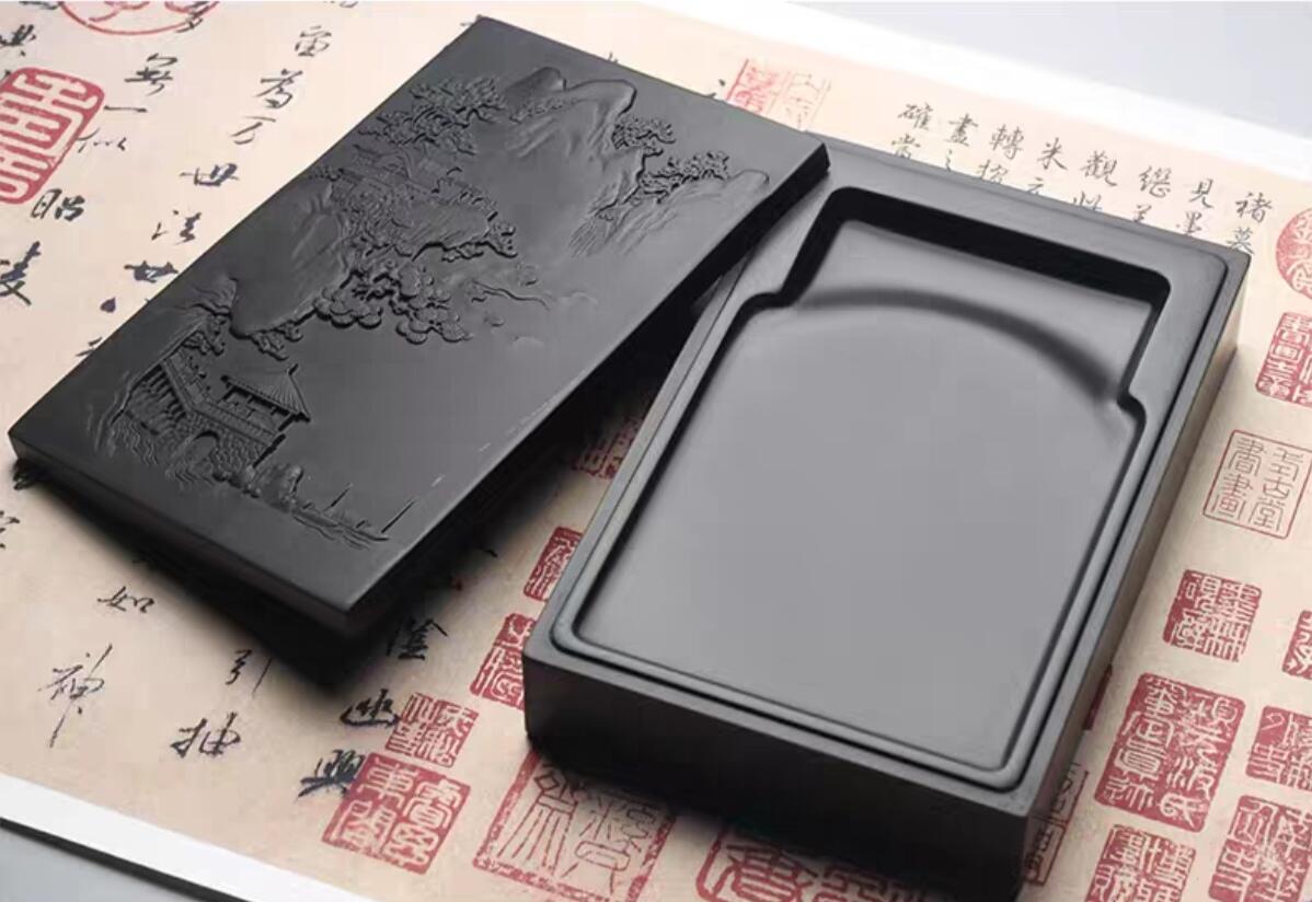 《山亭诗话》天然黑龙尾原石歙砚门字砚带精美风景雕刻盖文房四宝书法专用