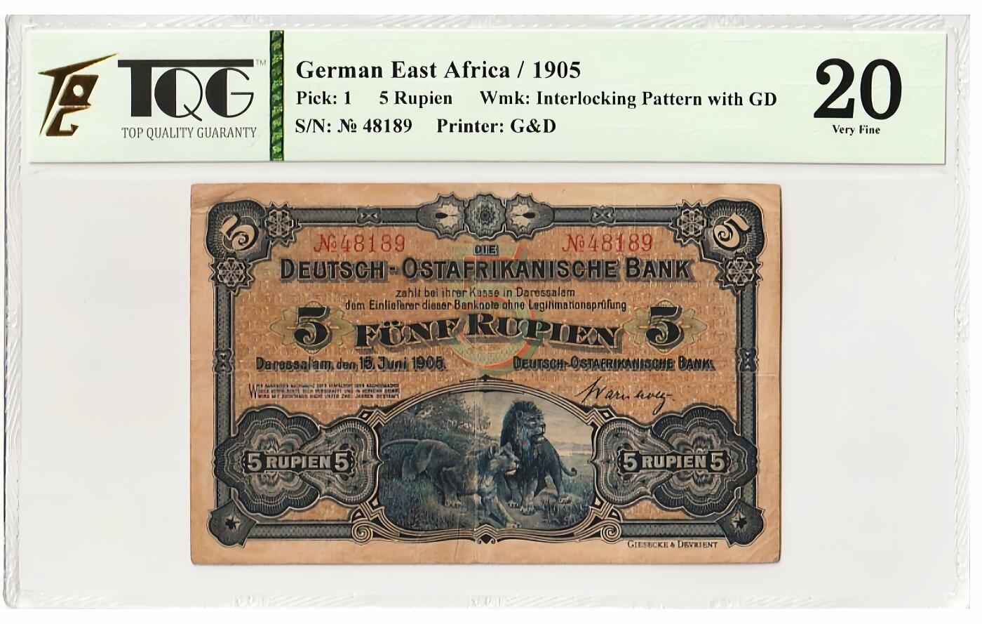 收藏联盟Quantum Auction 第351期拍卖  德属东非1905年5卢比 TQG20 原票无裂非常难得 珍稀品种 该殖民地发行的第一张纸币 G&D早期作品 两头雄狮立于中央 毛发细腻 威风凛凛 象征了帝国的统治力量