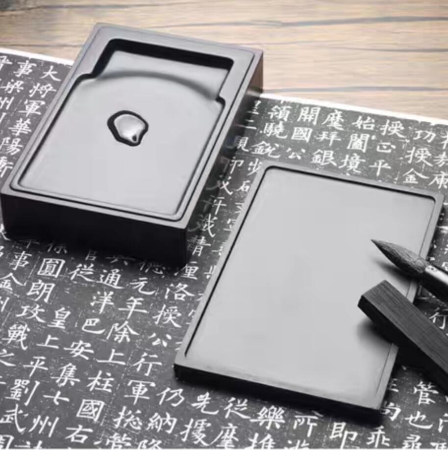 《山亭诗话》天然黑龙尾原石歙砚门字砚带精美风景雕刻盖文房四宝书法专用