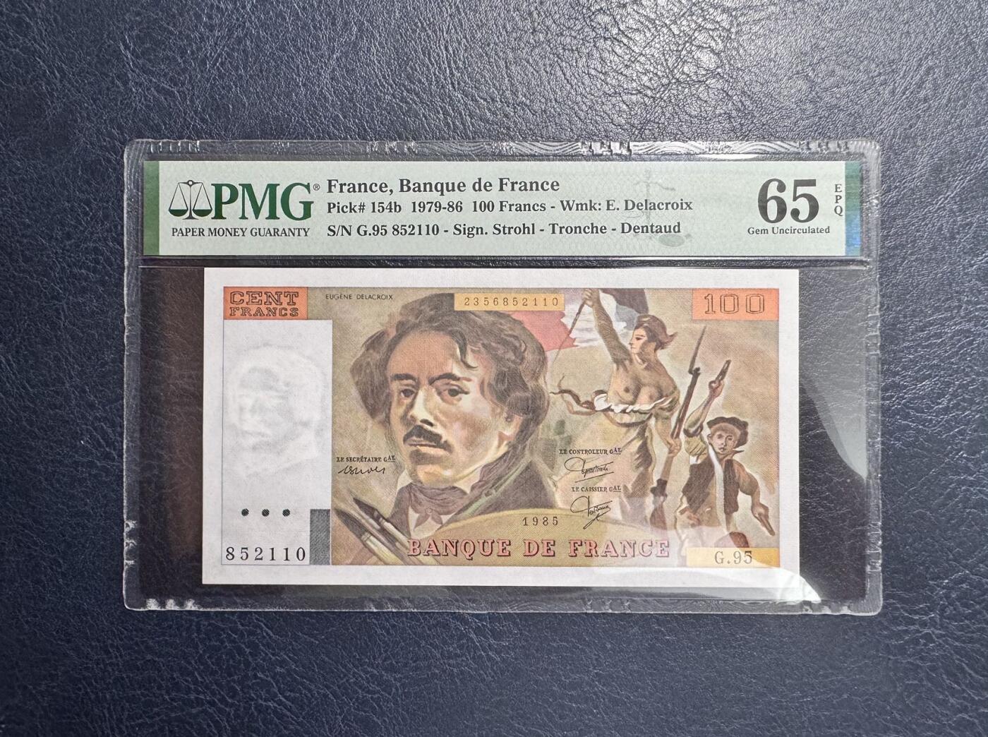 收藏联盟Quantum Auction 第351期拍卖  法国1985年100法郎 PMG65 号码无347 德拉克洛瓦