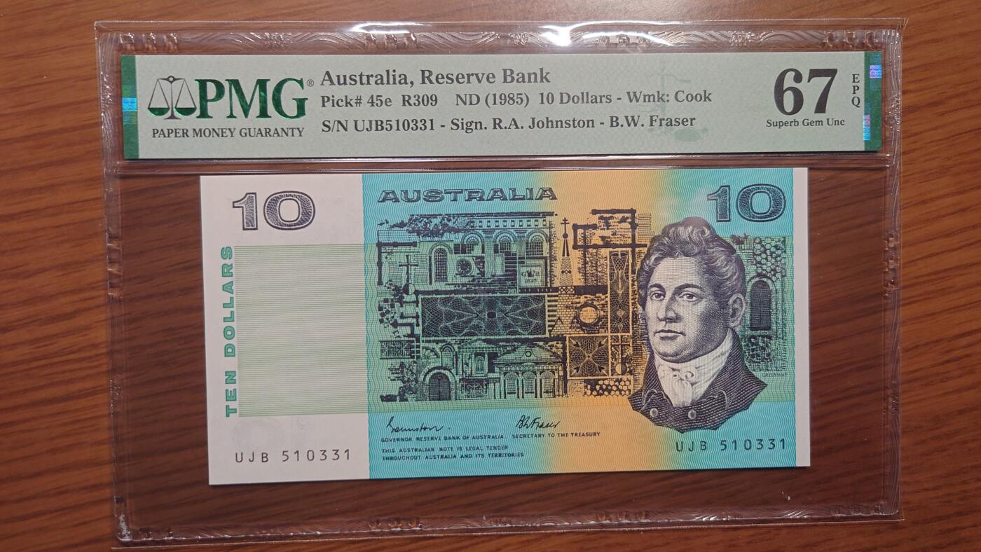 【麦稀奇世界钱币展】精选微拍第112期暨2024年第23期  少量品种0元起拍 1985年澳大利亚10元 PMG67E亚军分(冠军68分仅一张) 全程无47尾号331