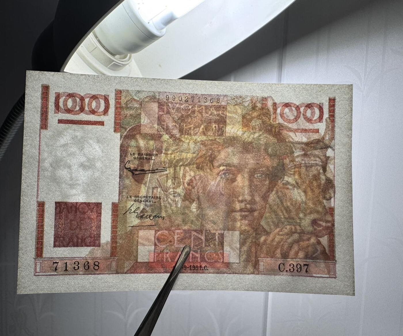 收藏联盟Quantum Auction 第351期拍卖  法国1951年100法郎 品相UNC- 无针孔