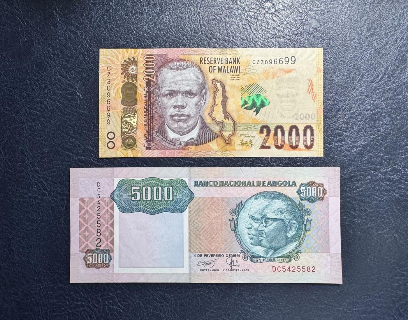 收藏联盟Quantum Auction 第351期拍卖  马拉维2022年1000克瓦查和安哥拉1991年5000宽扎 品相全新UNC