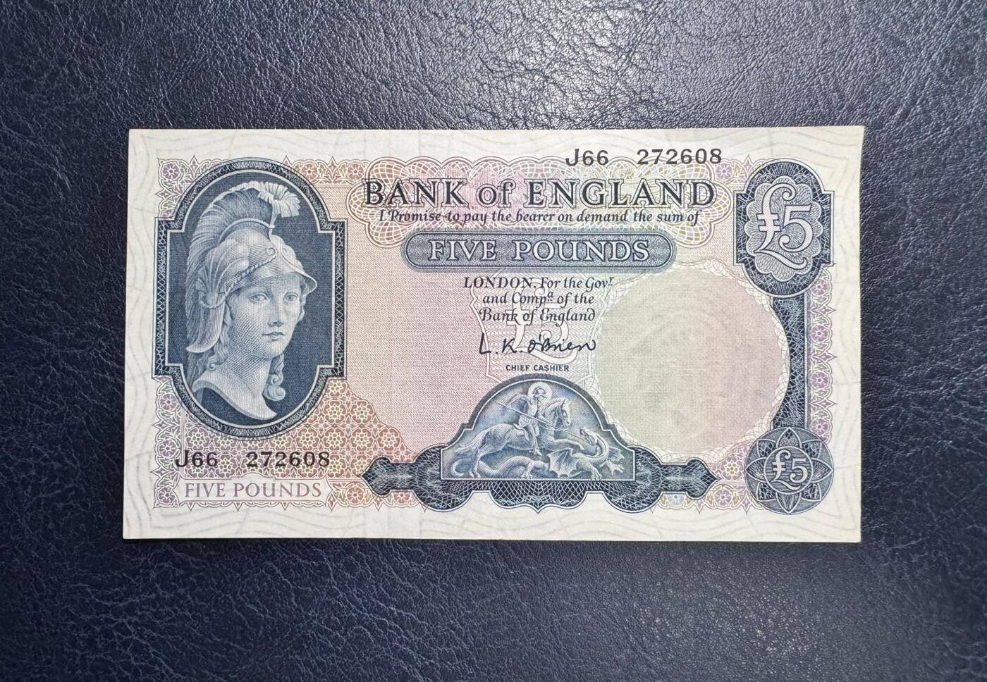 收藏联盟Quantum Auction 第351期拍卖  英国1961-63年5镑 非全新 品相如图  号码全程无47 帝国女神