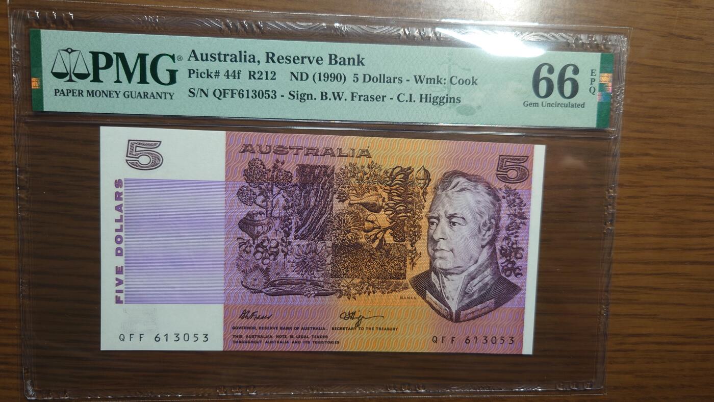 【麦稀奇世界钱币展】精选微拍第112期暨2024年第23期  少量品种0元起拍 1990年澳大利亚5元 PMG66E全新绝品无47尾号053