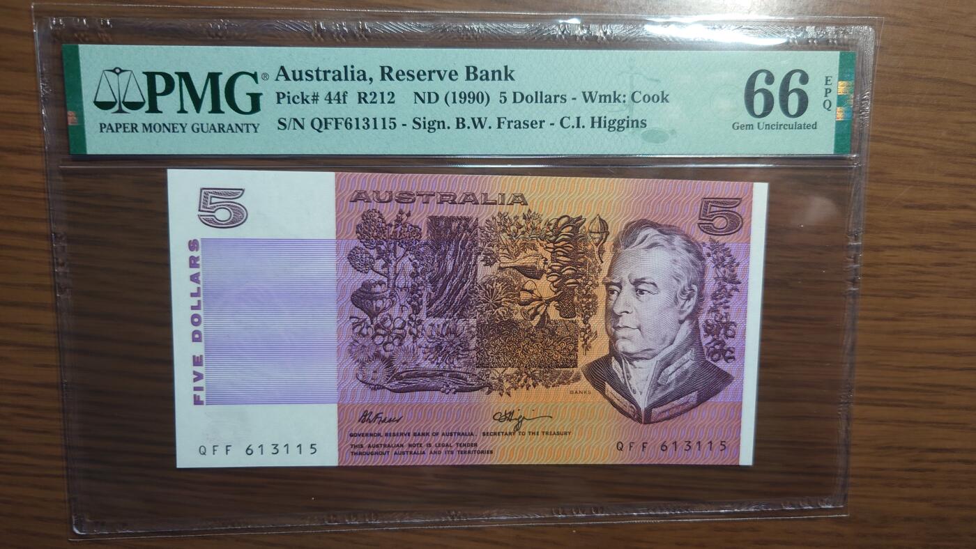 【麦稀奇世界钱币展】精选微拍第112期暨2024年第23期  少量品种0元起拍 【一口价售出】1990年澳大利亚5元 PMG66E全新绝品无47尾号115
