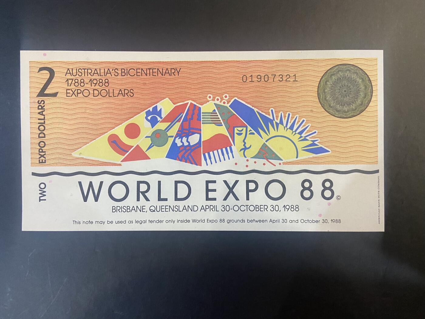 【炜奕收藏】旧币纪念币专场，0佣金，第六期 澳大利亚UNC品相世博会纪念券1张